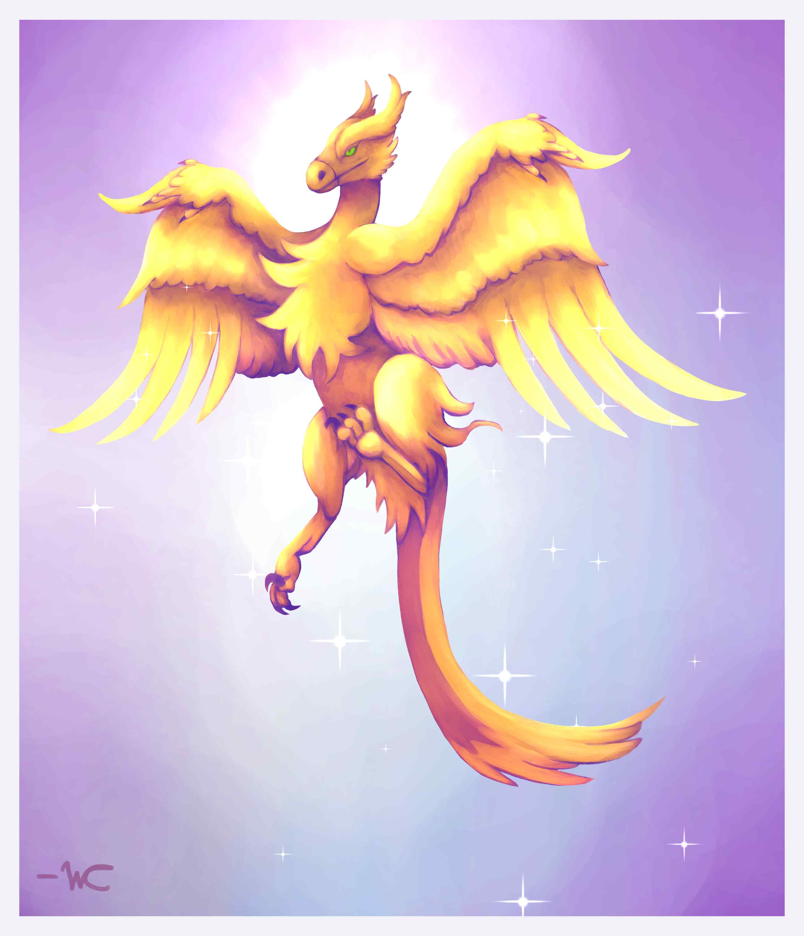 A golden dromaeosaur against a pale purple background. The raptor has feathers. Its winged arms are spread open. It's as if it is flying. Its long tail is trailing beneath it. White sparkles are falling from its wings. There is light coming from behind its head. 